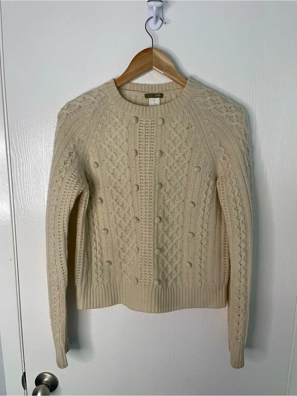 J.Crew 100% Lambswool Cable Knit Pom Pom Sweater Cream Small